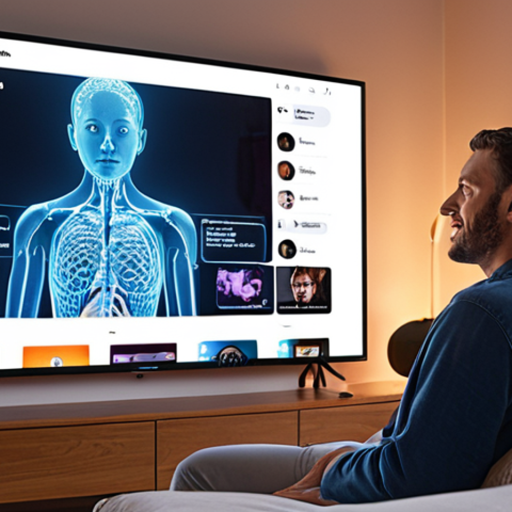 The Essence of Personalized Media Loyalty**
A person, immersed in a comfortable, modern living space, experiences hyper-personalized content on a glowing, transparent digital screen. The interface subtly displays AI-driven recommendations that feel perfectly intuitive and understanding, reflecting a deep connection rather than overt marketing. The atmosphere is warm and inviting, emphasizing a user-centric design where technology seamlessly blends with human experience.

**