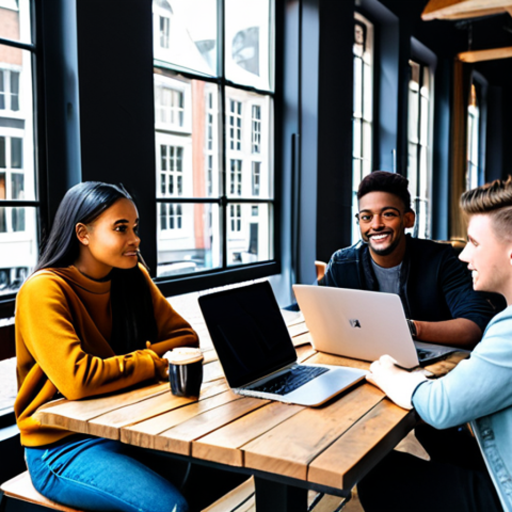 **
"A group of diverse young adults gathered around a table at a trendy Amsterdam cafe, laptops open, discussing influencer marketing strategies. Focus on the data analytics displayed on one of the screens. The cafe has a modern, minimalist design with large windows overlooking a canal. Tables are made of reclaimed wood, emphasizing sustainability. Fully clothed, appropriate attire, professional meeting, safe for work, perfect anatomy, natural proportions, high-quality photography."
**