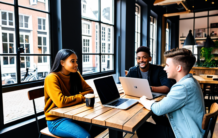 **
"A group of diverse young adults gathered around a table at a trendy Amsterdam cafe, laptops open, discussing influencer marketing strategies. Focus on the data analytics displayed on one of the screens. The cafe has a modern, minimalist design with large windows overlooking a canal. Tables are made of reclaimed wood, emphasizing sustainability. Fully clothed, appropriate attire, professional meeting, safe for work, perfect anatomy, natural proportions, high-quality photography."
**