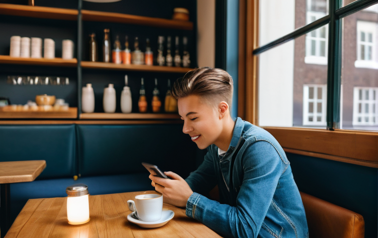 인 미디어 콘텐츠 배포 채널 분석 - **Prompt 1: Personalized Mobile Content Engagement in a Dutch Cafe**
A vibrant, candid shot of a...