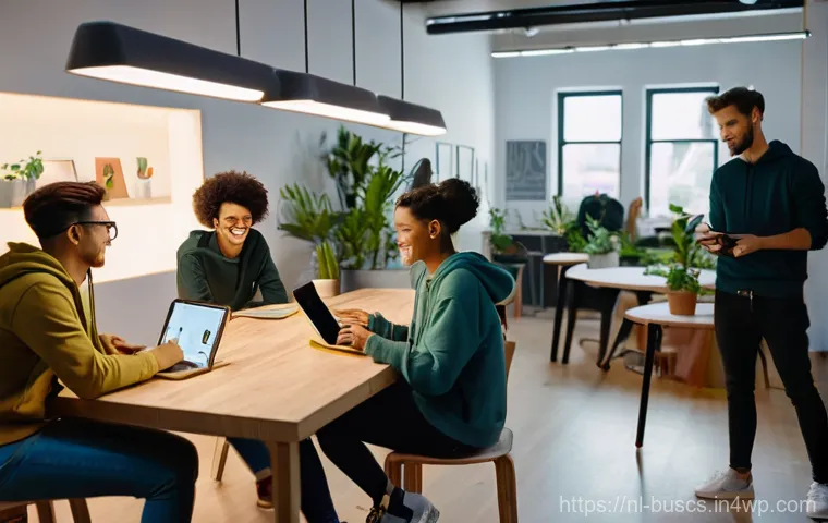 인 미디어 비즈니스의 새로운 기회 탐색 - **Dynamic Content Creation Hub:**
A vibrant, eye-level, wide-angle shot of a modern, well-lit co...