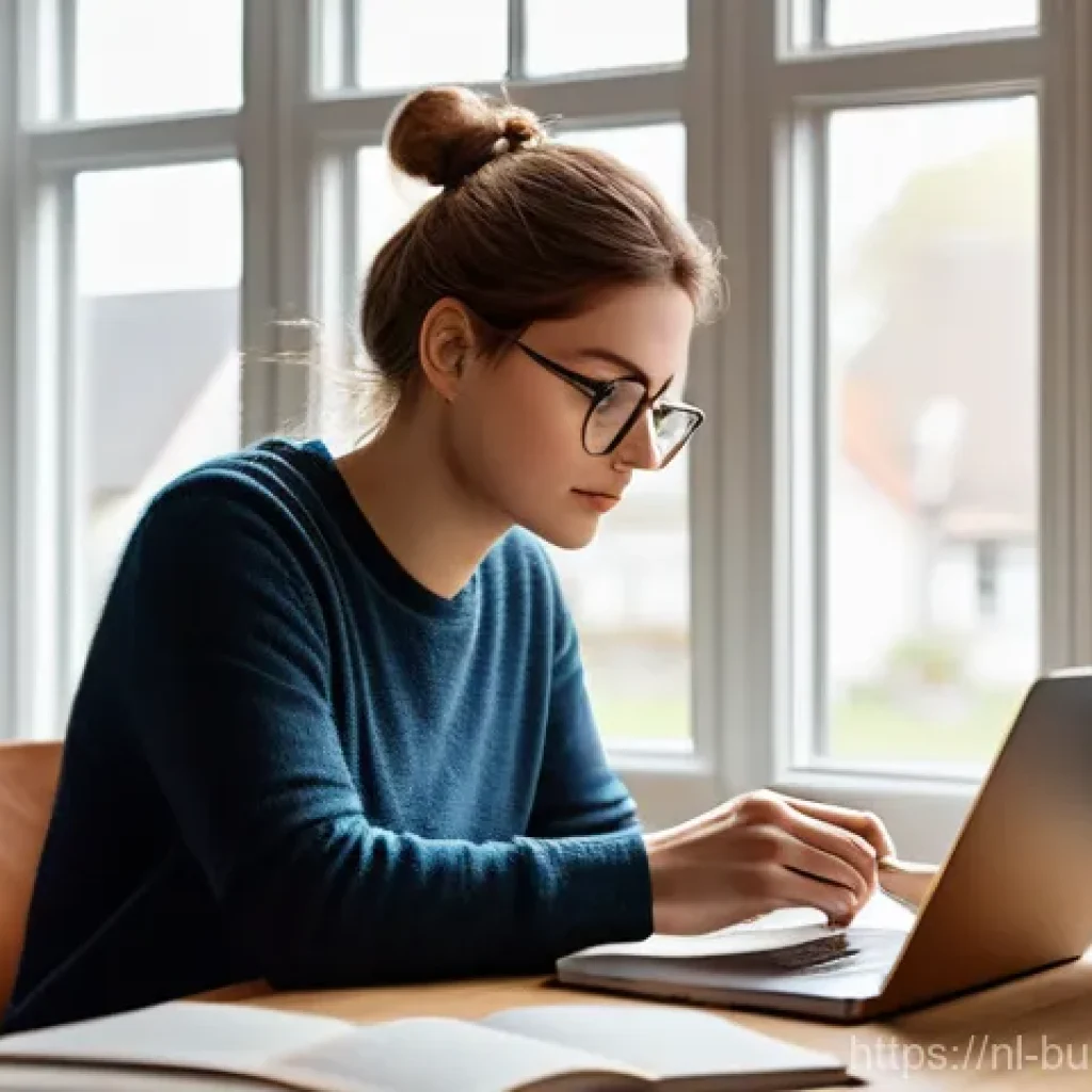 인 미디어 비즈니스의 콘텐츠 품질 보증 - A thoughtful young adult blogger, dressed in comfortable casual wear, is seated at a well-organized ...