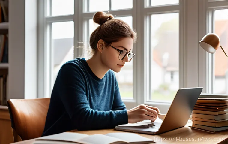 인 미디어 비즈니스의 콘텐츠 품질 보증 - A thoughtful young adult blogger, dressed in comfortable casual wear, is seated at a well-organized ...