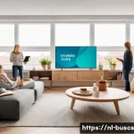 Home 21 인 미디어 비즈니스에서의 구독 모델 활용 - A modern Dutch living room scene featuring a diverse group of young adults engaging with multiple st...