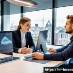 Home 19 인 미디어 비즈니스의 성장 기회 분석 - A modern digital marketing office in Amsterdam, featuring a diverse team of young professionals anal...