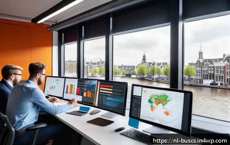 인 미디어 비즈니스의 콘텐츠 계획 수립 - A modern digital marketing office scene in Amsterdam with a diverse team of young professionals anal...