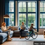 Home 23 인 미디어 비즈니스의 콘텐츠 배급 전략 - A modern Dutch living room scene showing a diverse family comfortably watching streaming content on ...
