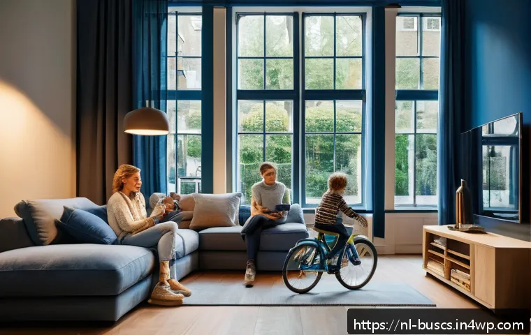 인 미디어 비즈니스의 콘텐츠 배급 전략 - A modern Dutch living room scene showing a diverse family comfortably watching streaming content on ...