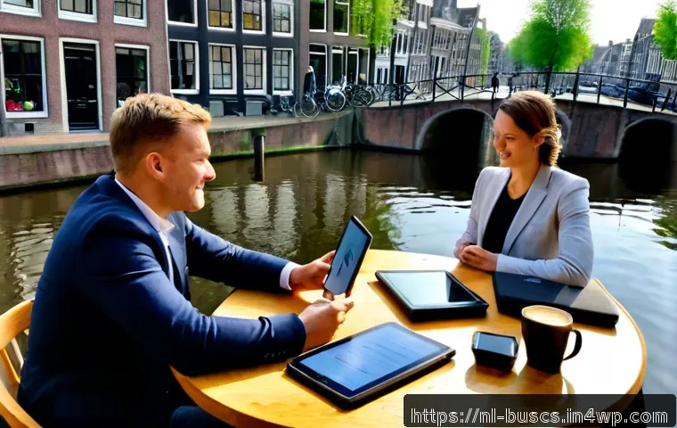 Home 17 인 미디어 비즈니스의 지속 가능성 확보 방안 - Photorealistic Dutch media business sustainability meeting in a bright Amsterdam canal-side office, ...